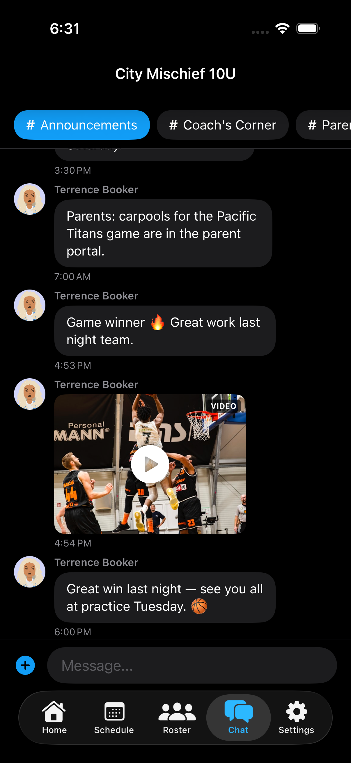 Team chat in the app